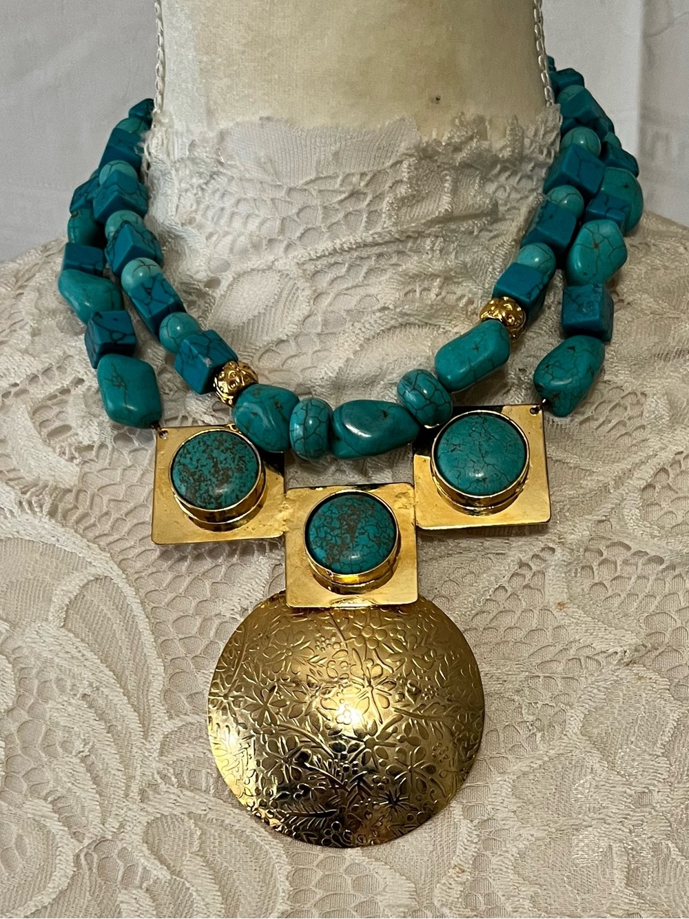 Handcrafted Gold Tone Magnesite Turquoise Stone Double-Strand Statement Necklace